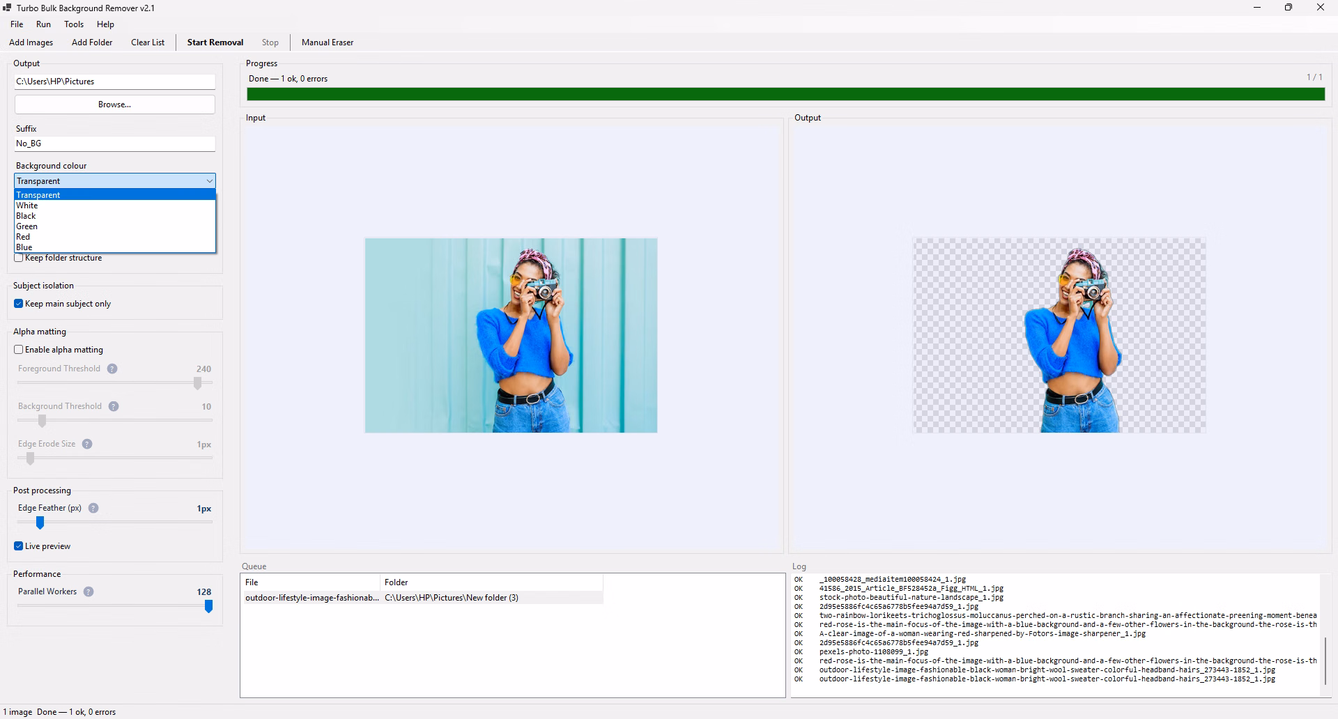 alpha matting and parallel worker settings in the ai background remover