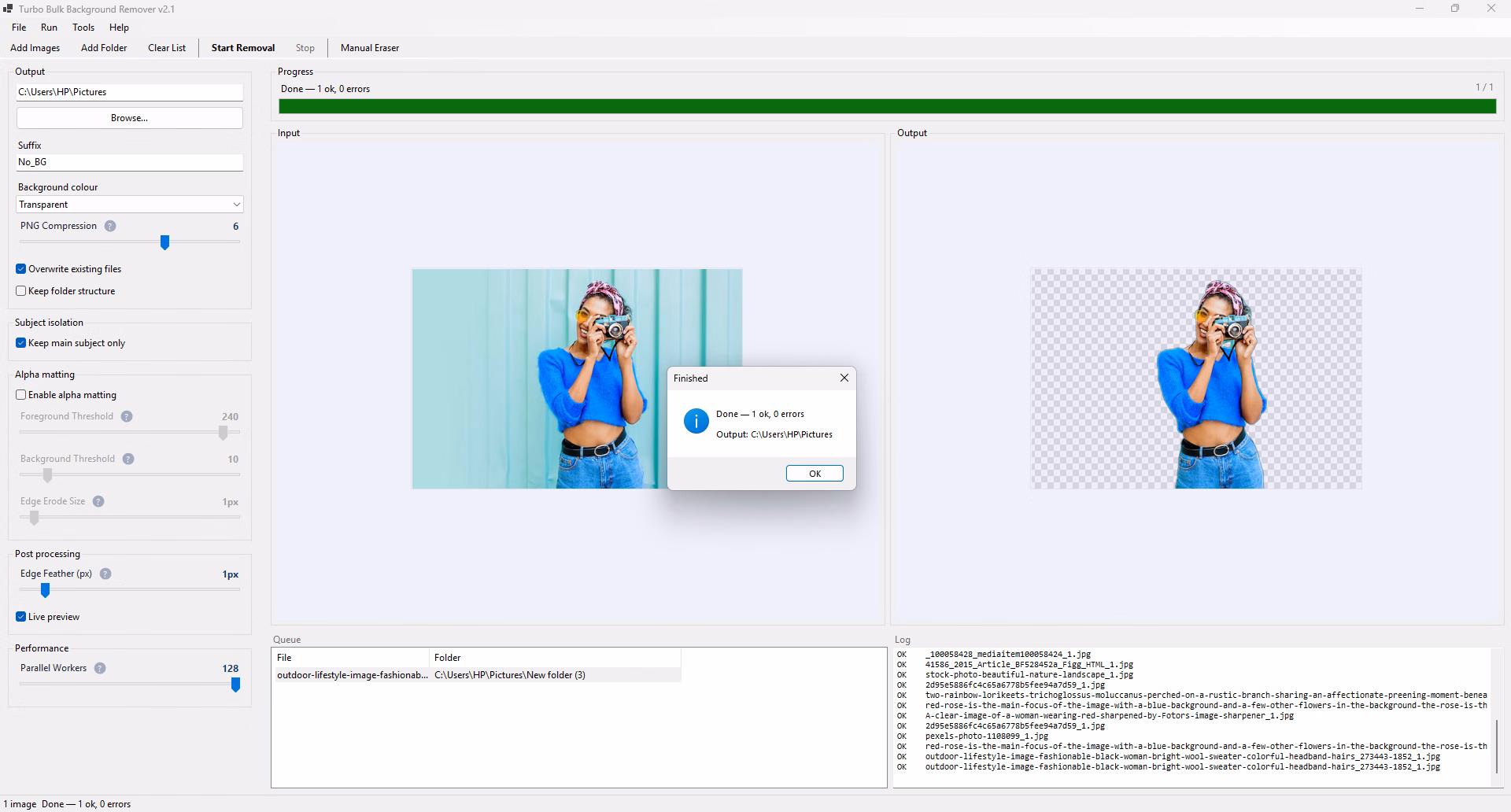 AI background remover for Windows showing the batch queue and a before and after preview