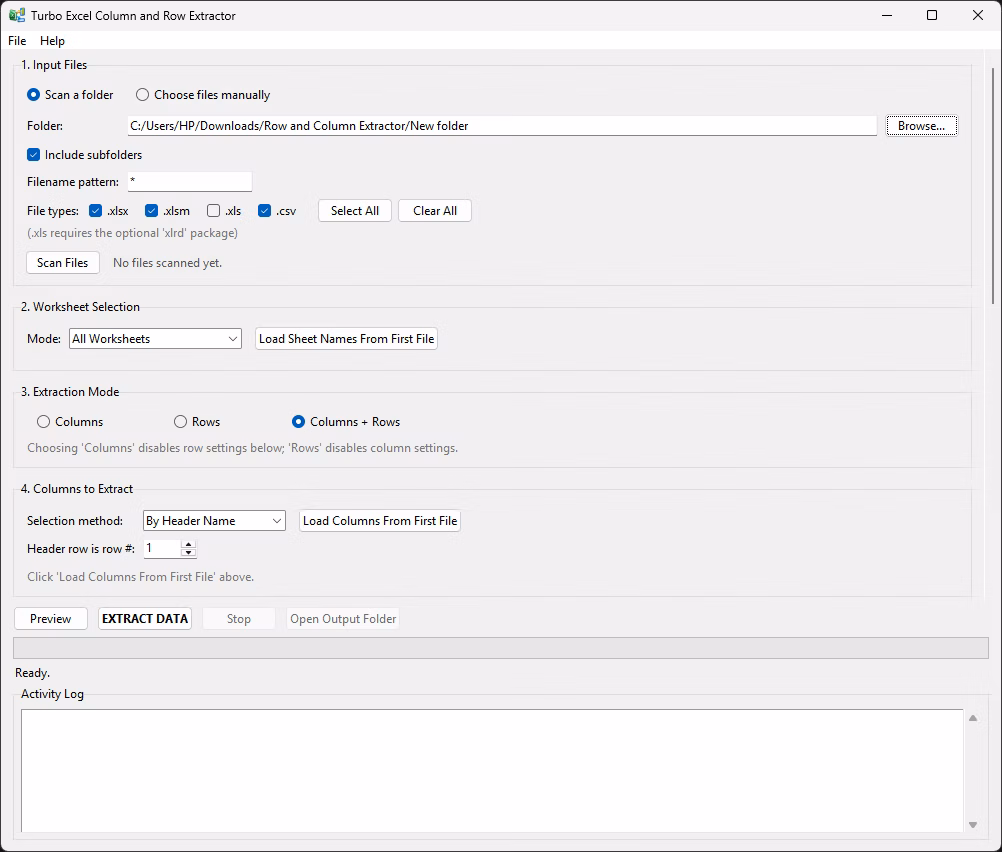 Input folder section with subfolder scanning, filename pattern and file type filters