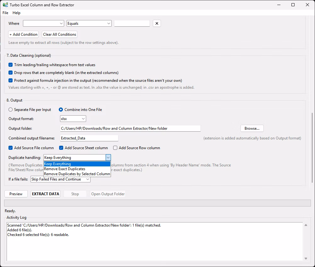 Preview window showing extracted data from the first matching file
