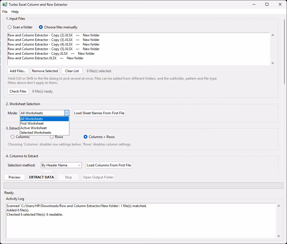Extraction mode set to Columns, Rows or Columns plus Rows