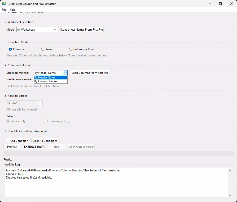 Column picker with header name checkboxes loaded from a sample Excel file