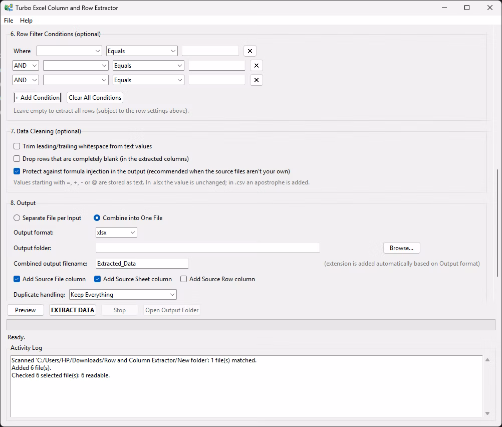 Row filter conditions joined with AND and OR logic