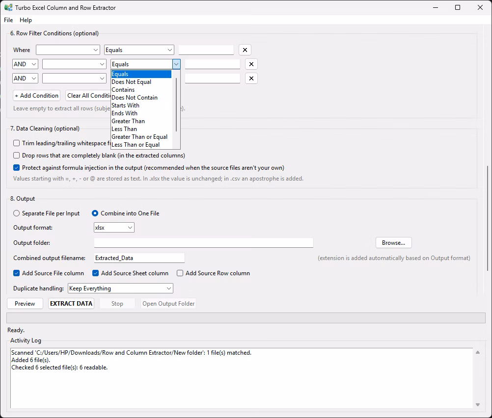 Output settings with combine into one file, output format and source tracking columns