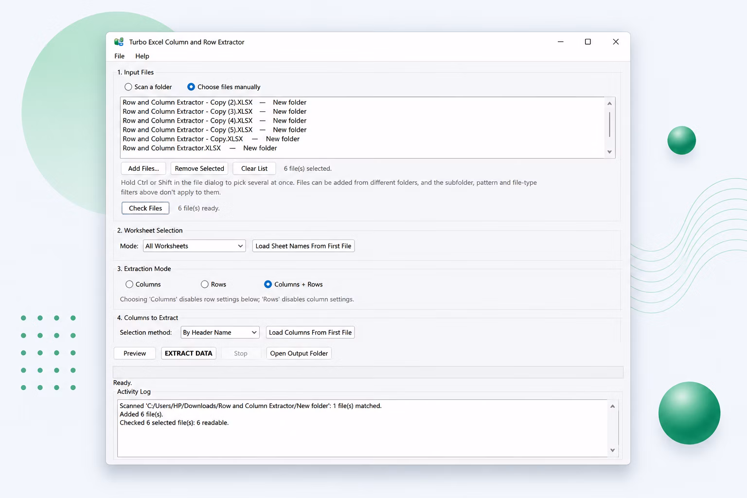 Turbo Excel Column and Row Extractor main window showing column and row extraction settings on Windows 11