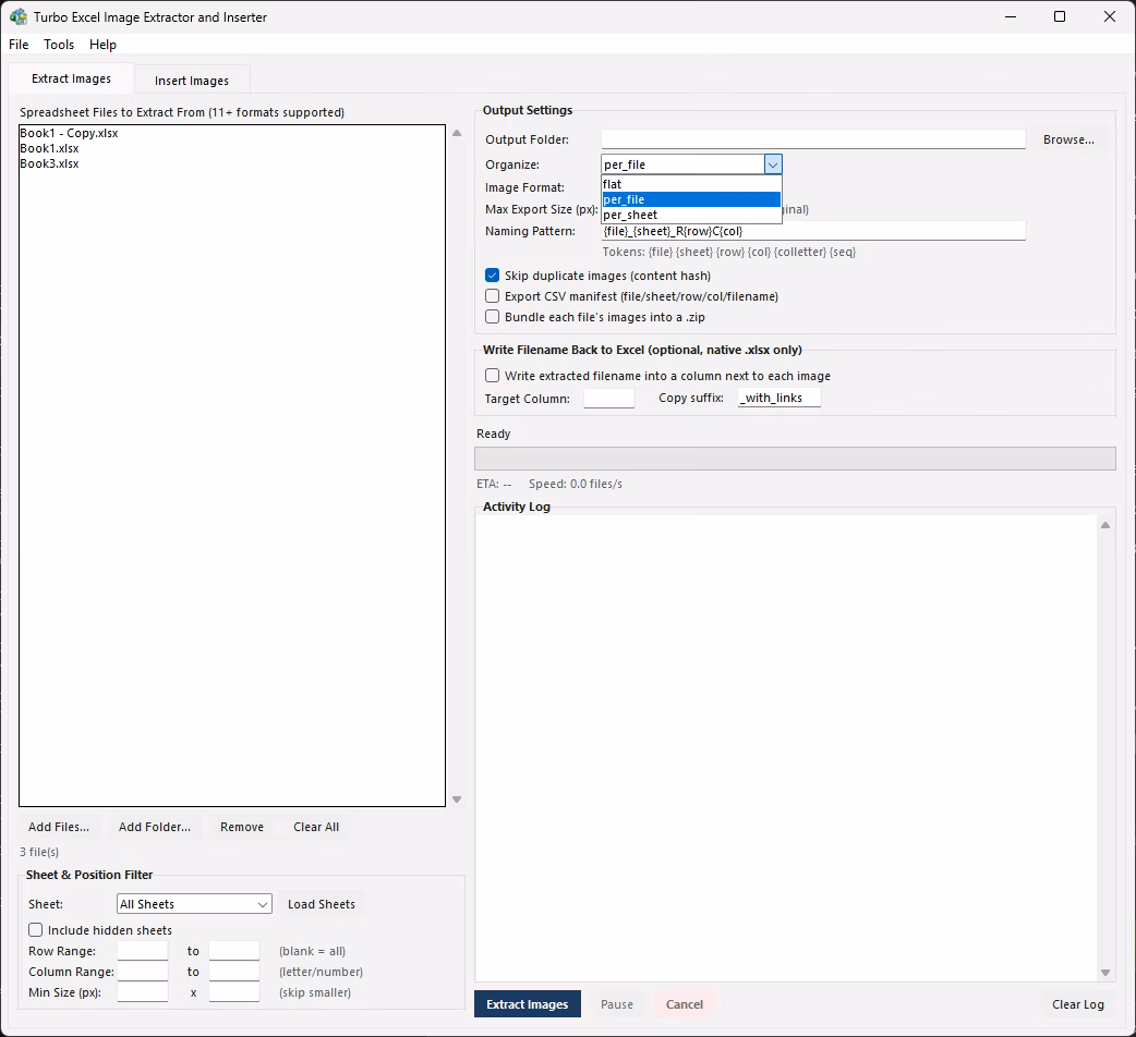 Insert Images tab with image queue and target file queue