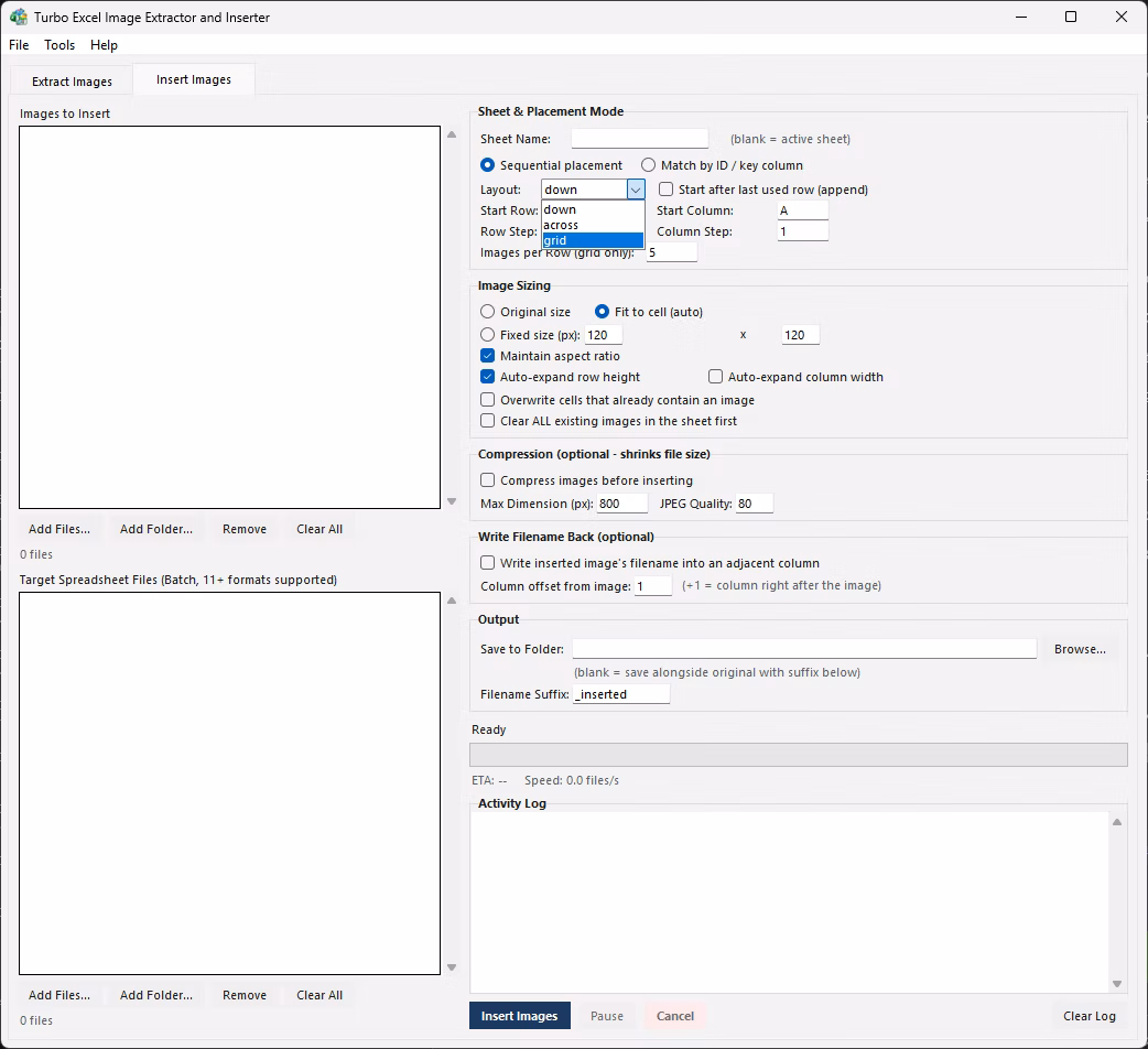 Compression settings applied before insert