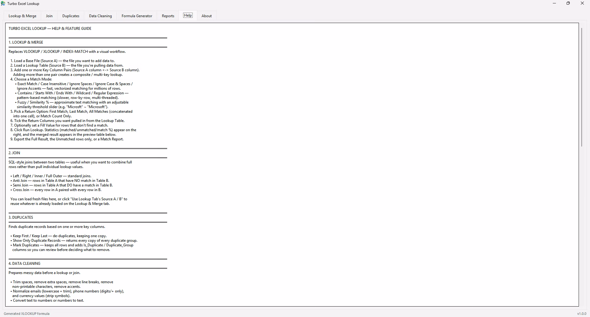 Help tab documenting every match mode and feature inside Turbo Excel Lookup