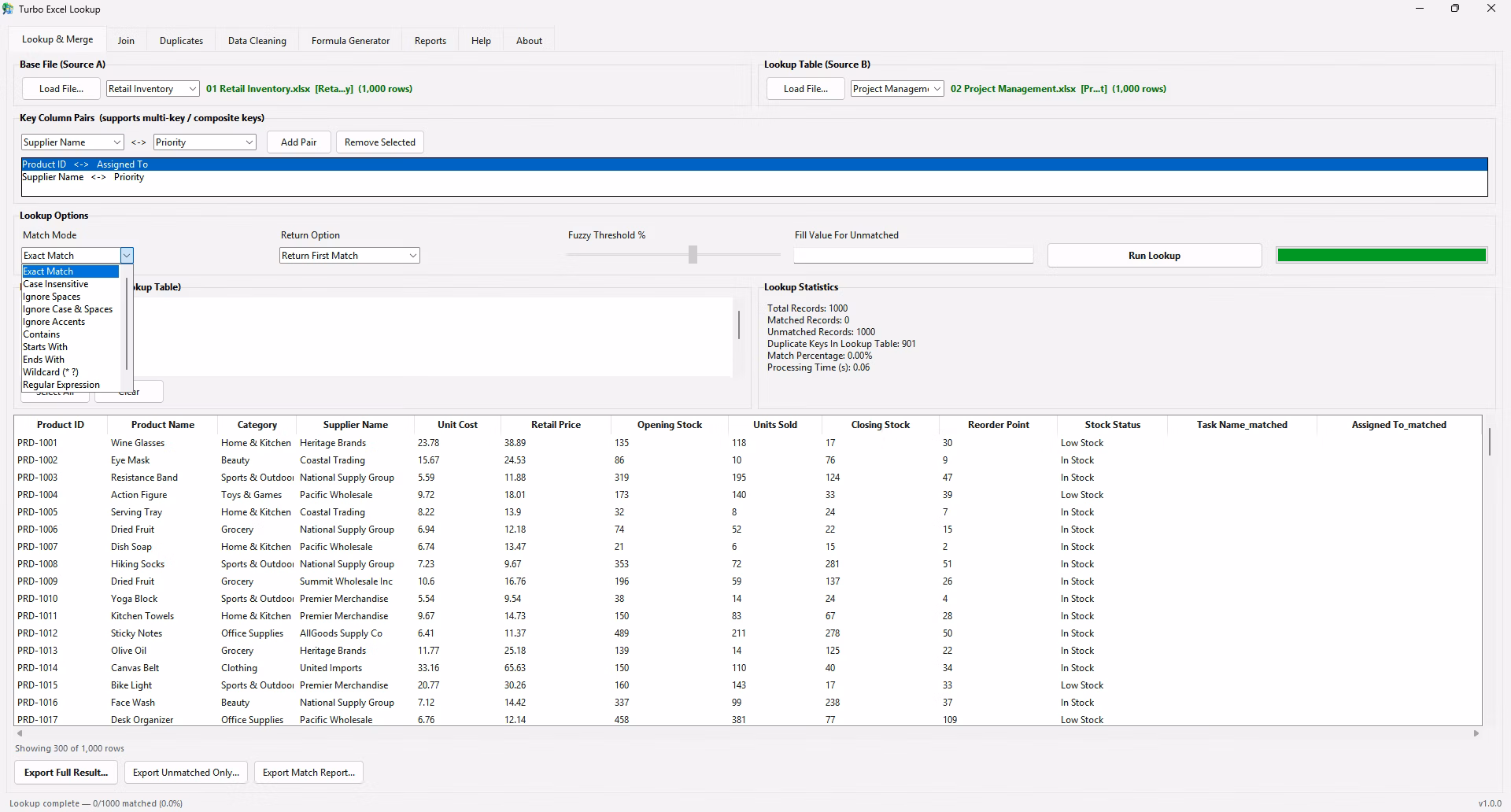 Lookup statistics panel showing matched rows, unmatched rows and match percentage