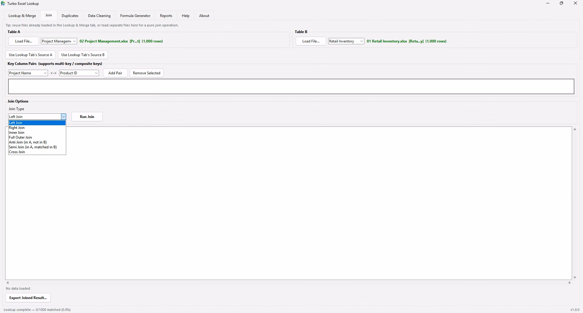 Duplicates tab finding repeated records across selected key columns