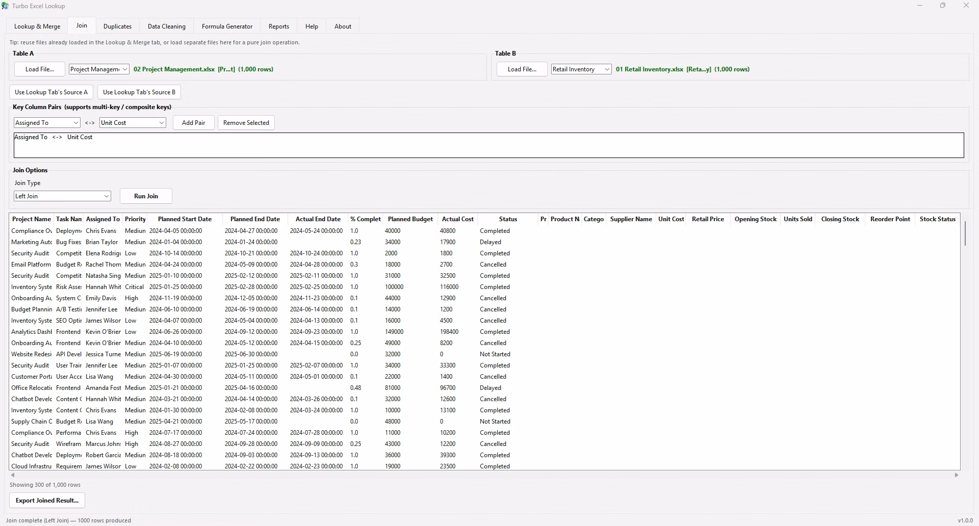 Data Cleaning tab trimming spaces and normalizing columns before a match