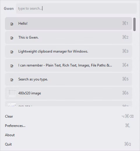 Gwen clipboard manager for Windows screenshot