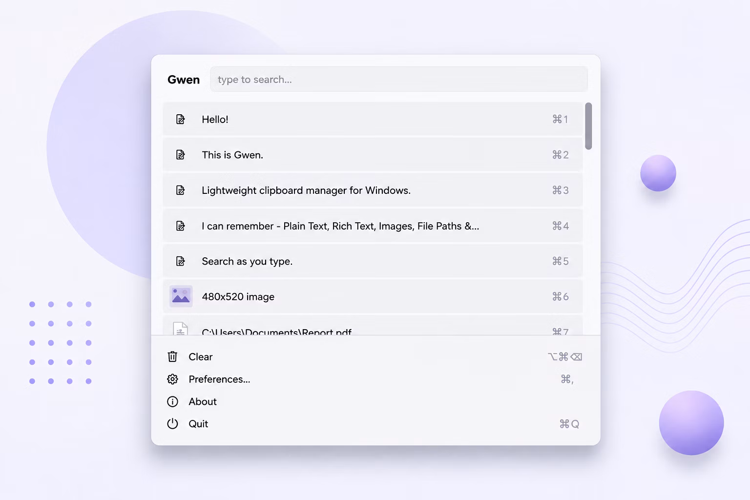 Gwen clipboard manager for Windows screenshot