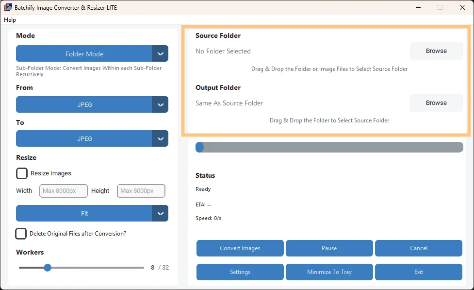 Step 1 – Select folder for batch image conversion