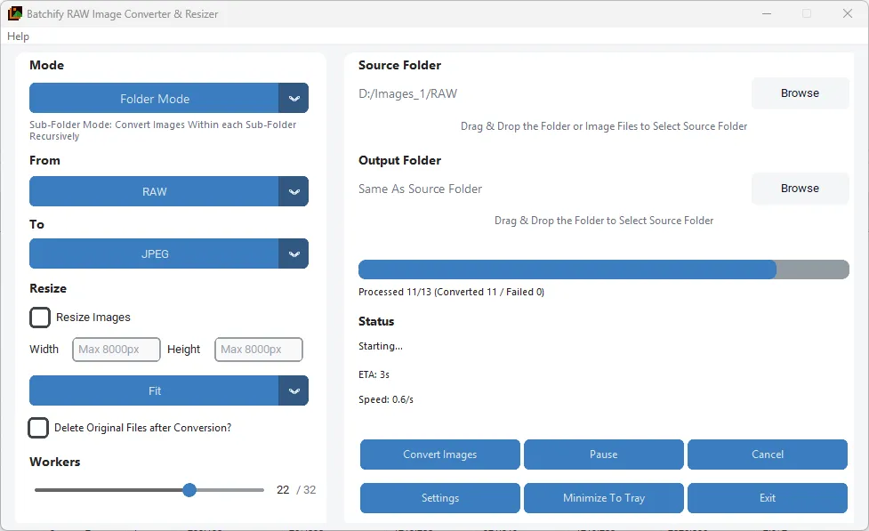 Bulk raw image resizer converter