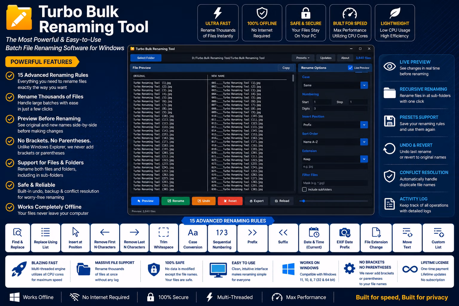 Turbo Bulk Renaming Tool screenshot - live preview feature