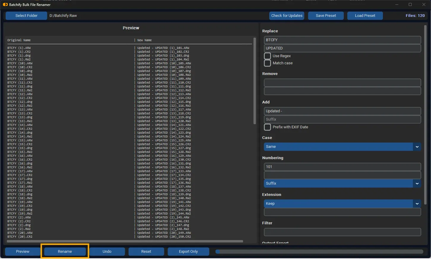 Step 7 – Click rename to process files