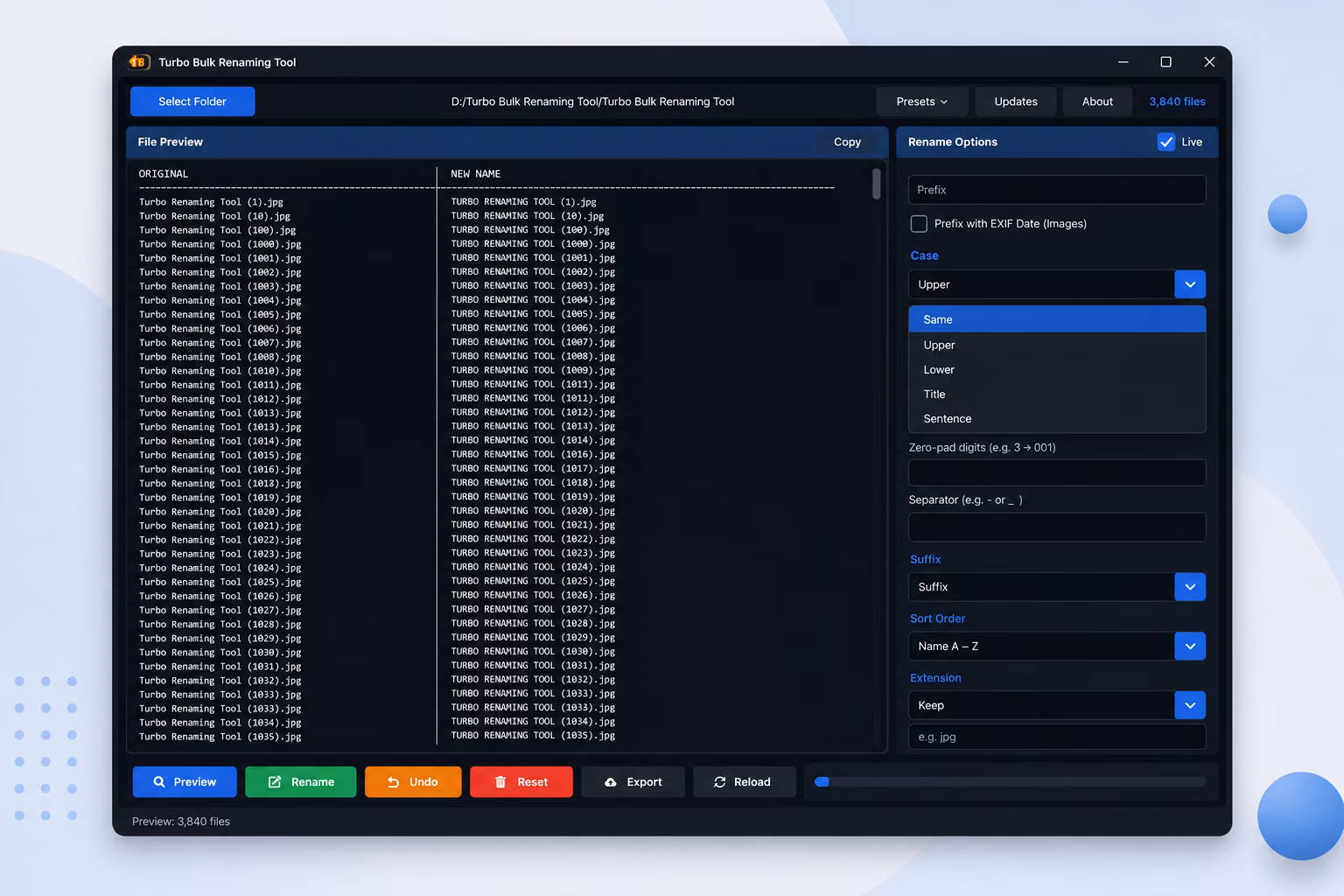 Turbo Bulk Renaming Tool screenshot - live preview feature