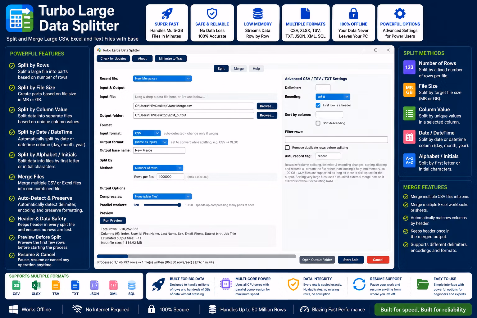 Turbo Large Data Splitter - csv splitter and csv merger for Windows